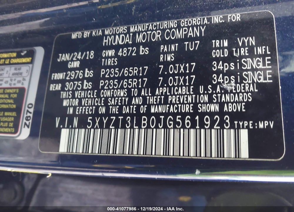 2018 HYUNDAI SANTA FE SPORT VIN: 5XYZT3LB0JG561923