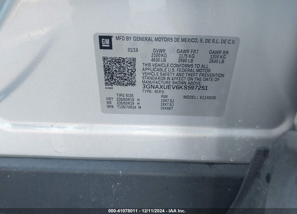 2019 CHEVROLET EQUINOX LT VIN: 3GNAXUEV6KS597251
