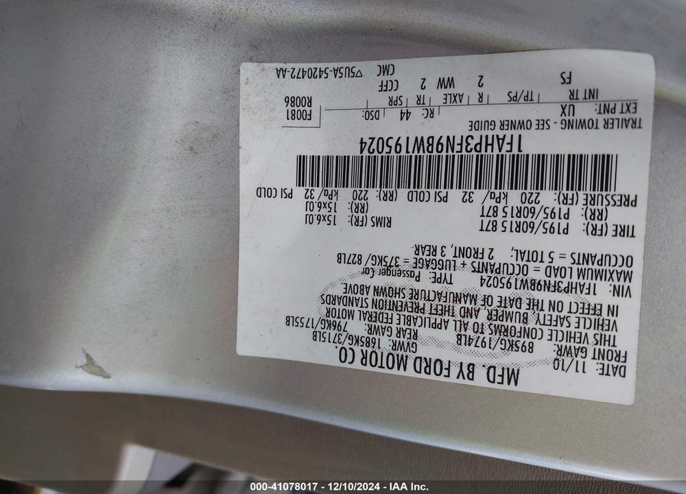 2011 FORD FOCUS SE VIN: 1FAHP3FN9BW195024