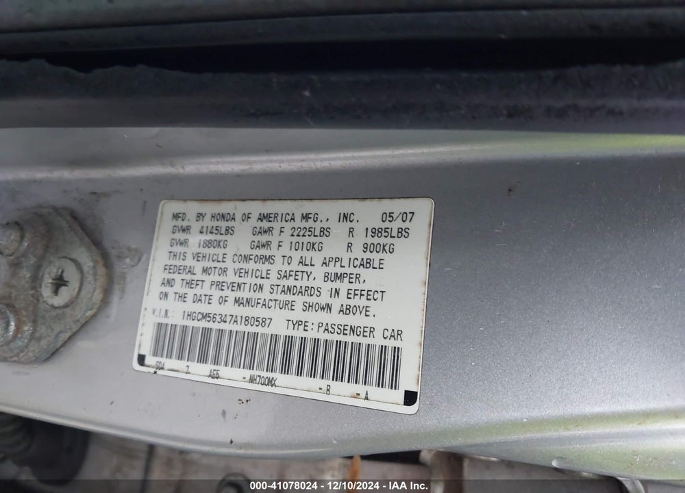 2007 HONDA ACCORD 2.4 SE VIN: 1HGCM56347A180587