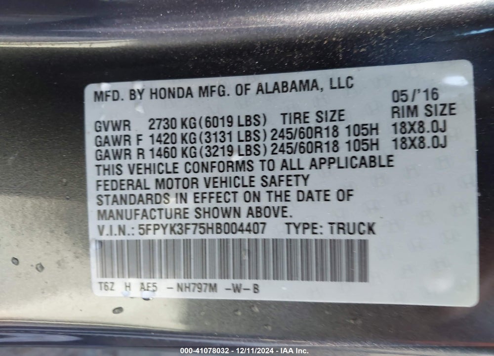 2017 HONDA RIDGELINE VIN: 5FPYK3F75HB004407