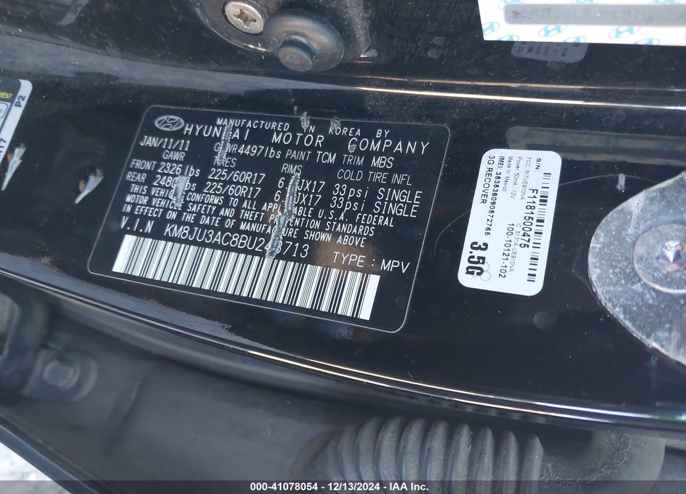 2011 HYUNDAI TUCSON VIN: KM8JU3AC8BU243713