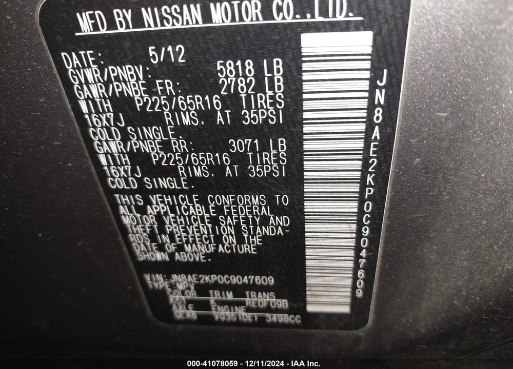 2012 NISSAN QUEST SV VIN: JN8AE2KP0C9047609