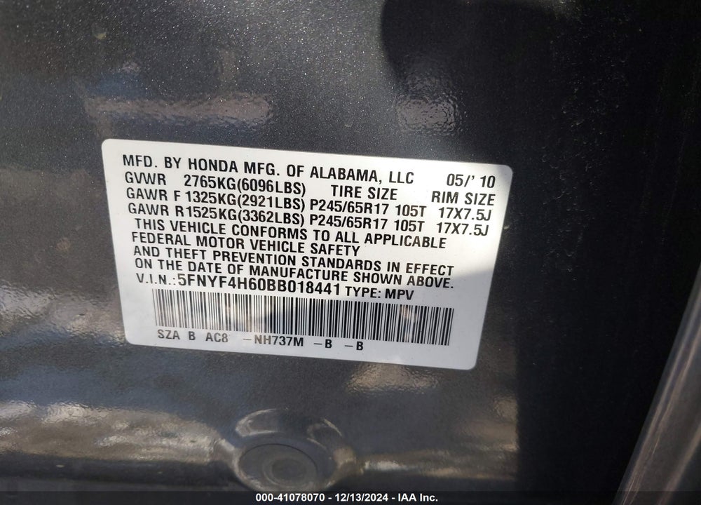 2011 HONDA PILOT EX-L VIN: 5FNYF4H60BB018441
