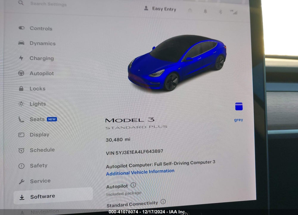 2020 TESLA MODEL 3 STANDARD RANGE PLUS REAR-WHEEL DRIVE/STANDARD RANGE REAR-WHEEL DRIVE VIN: 5YJ3E1EA4LF643897