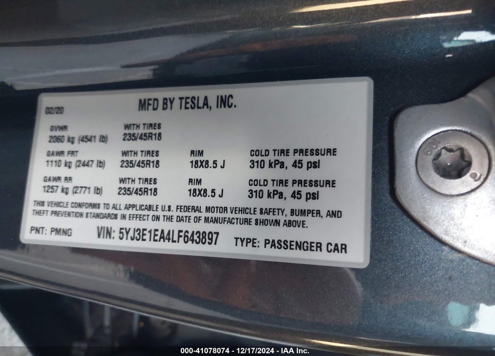 2020 TESLA MODEL 3 STANDARD RANGE PLUS REAR-WHEEL DRIVE/STANDARD RANGE REAR-WHEEL DRIVE VIN: 5YJ3E1EA4LF643897