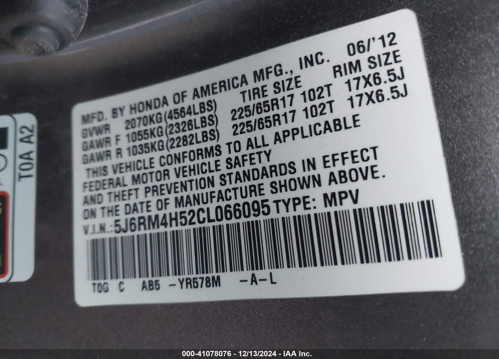 2012 HONDA CR-V VIN: 5J6RM4H52CL066095