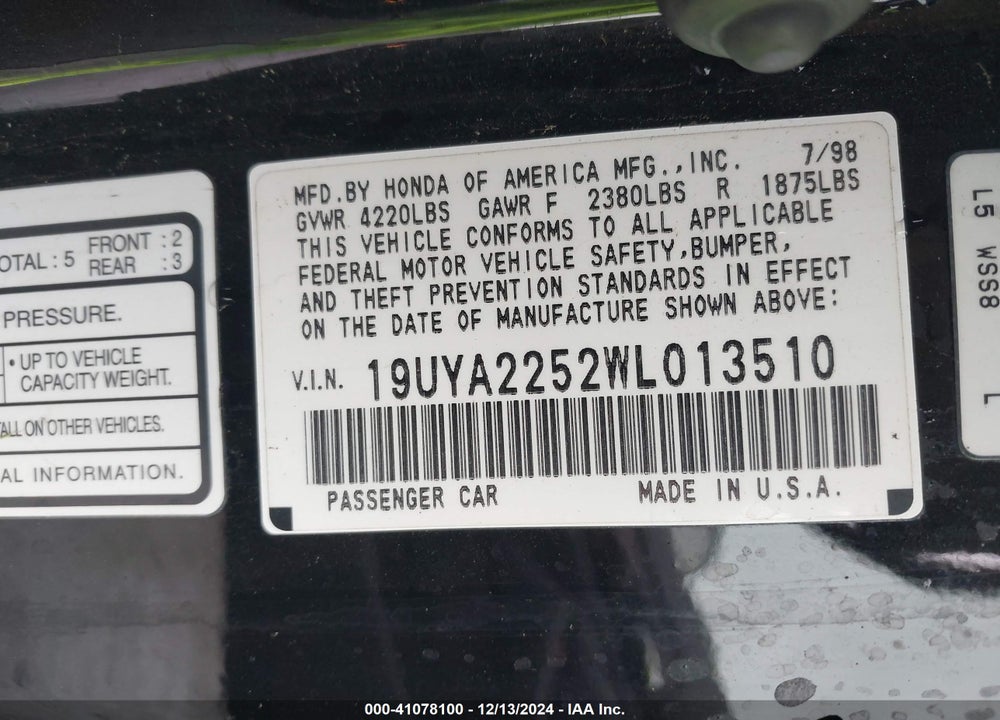 1998 ACURA CL VIN: 19UYA2252WL013510