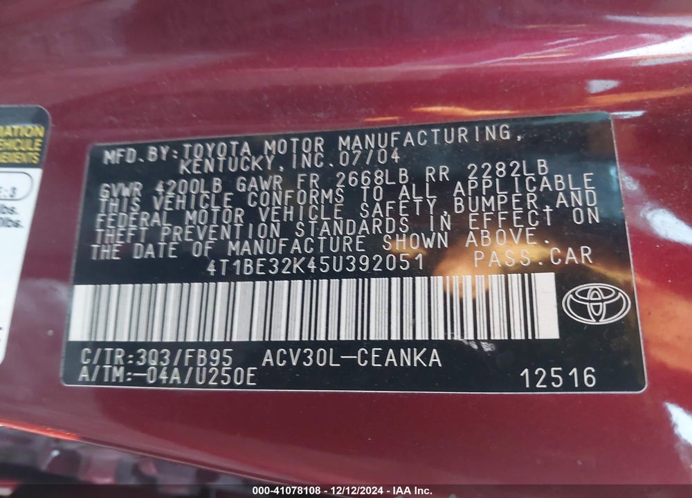2005 TOYOTA CAMRY LE VIN: 4T1BE32K45U392051