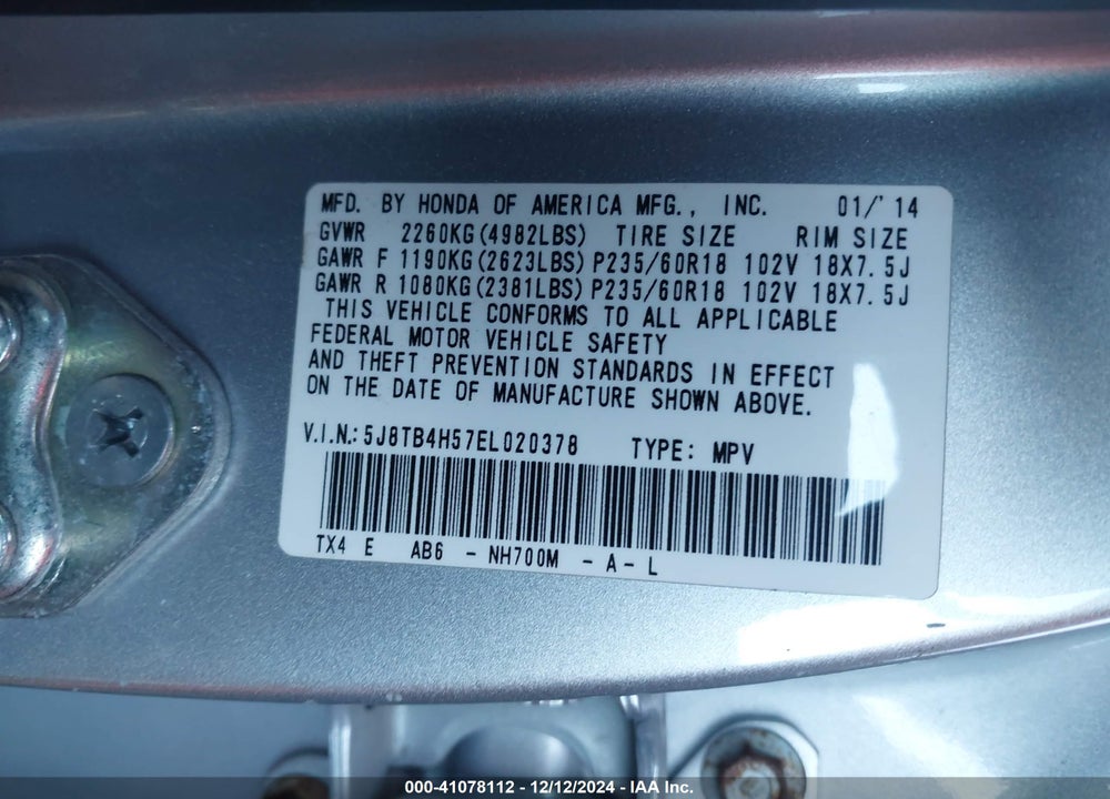 2014 ACURA RDX VIN: 5J8TB4H57EL020378