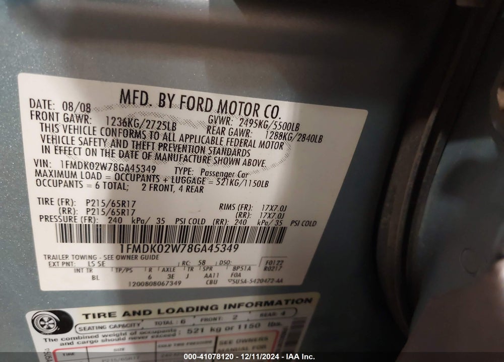 2008 FORD TAURUS X SEL VIN: 1FMDK02W78GA45349