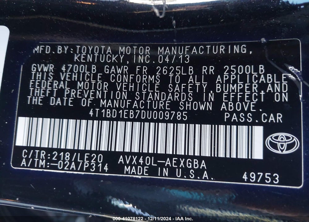 2013 TOYOTA AVALON HYBRID VIN: 4T1BD1EB7DU009785