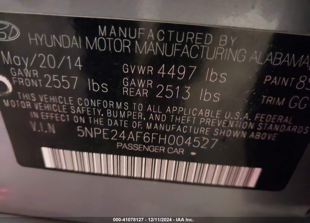 2015 HYUNDAI SONATA SE VIN: 5NPE24AF6FH004527