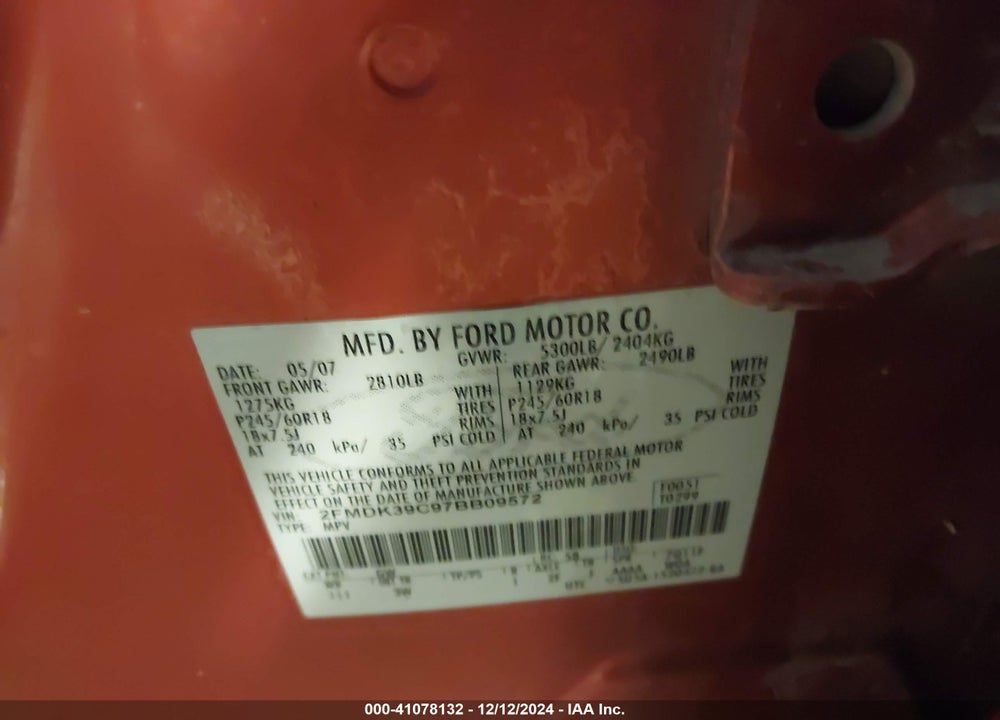 2007 FORD EDGE VIN: 2FMDK39C97BB09572