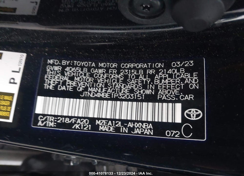2023 TOYOTA COROLLA SE VIN: JTND4MBE1P3203151
