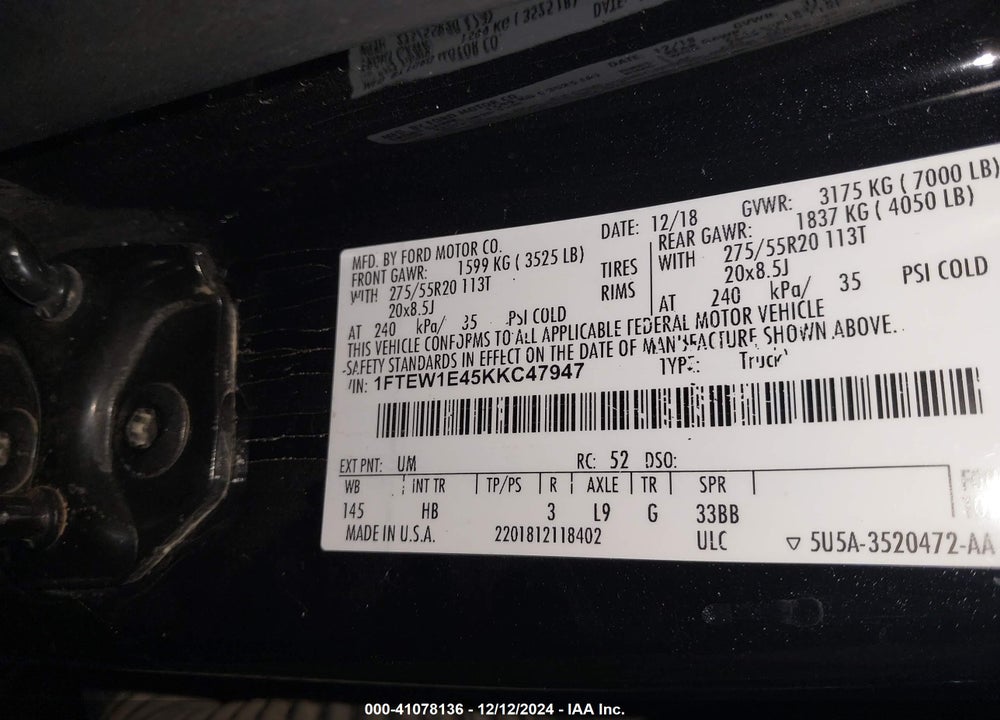 2019 FORD F-150 VIN: 1FTEW1E45KKC47947