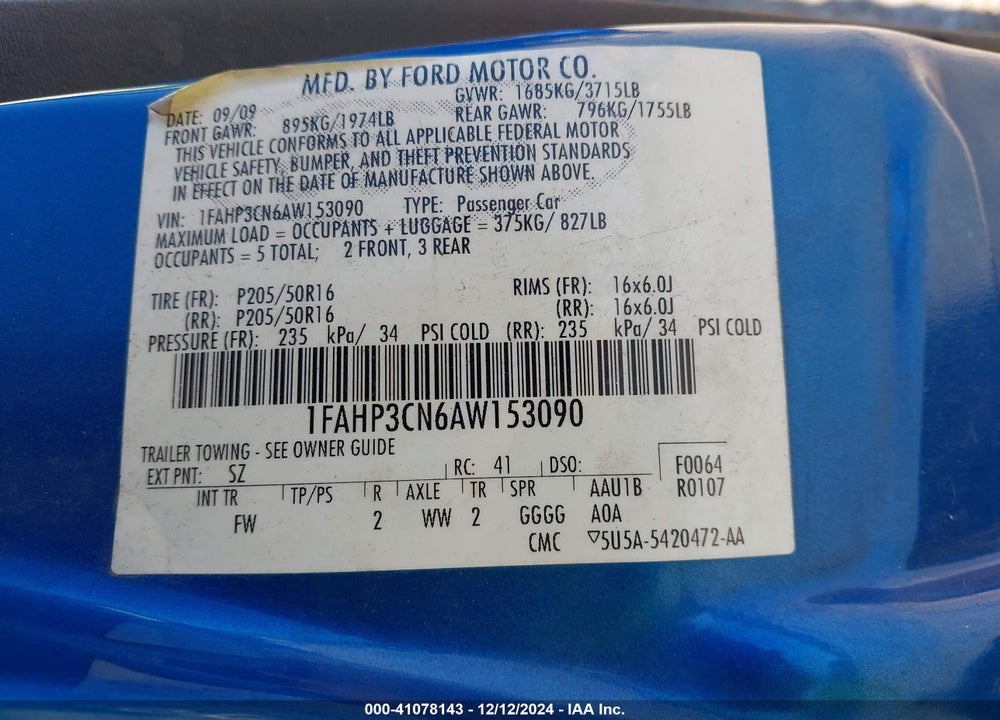 2010 FORD FOCUS SE VIN: 1FAHP3CN6AW153090