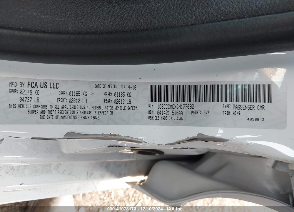 2016 CHRYSLER 200 LIMITED VIN: 1C3CCCAGXGN177092