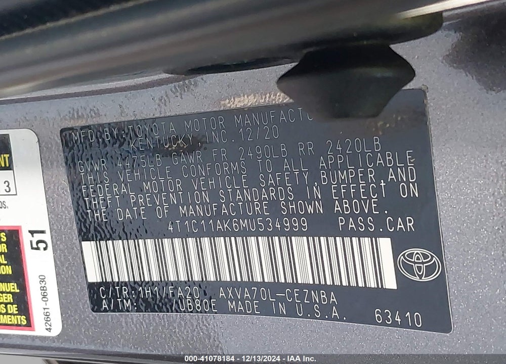 2021 TOYOTA CAMRY VIN: 4T1C11AK6MU534999