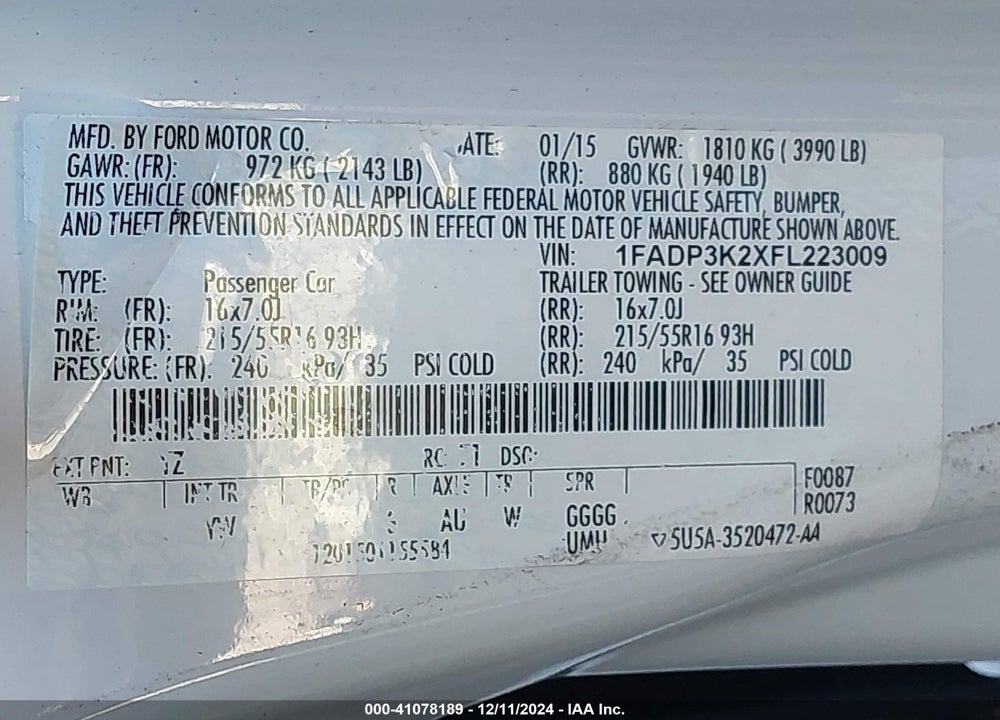 2015 FORD FOCUS SE VIN: 1FADP3K2XFL223009