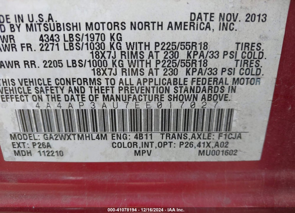 2014 MITSUBISHI OUTLANDER SPORT ES VIN: 4A4AP3AU7EE017027