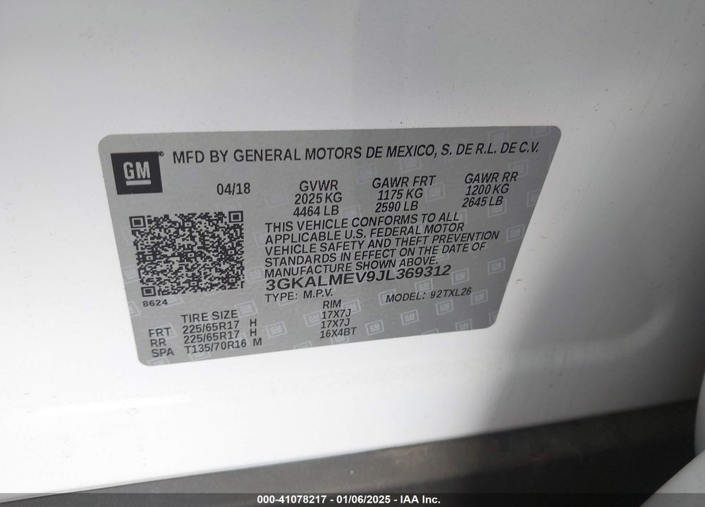 2018 GMC TERRAIN SLE VIN: 3GKALMEV9JL369312