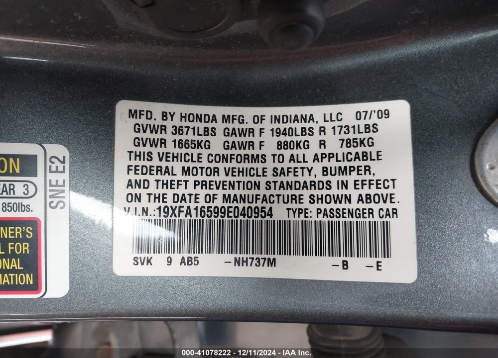 2009 HONDA CIVIC LX VIN: 19XFA16599E040954