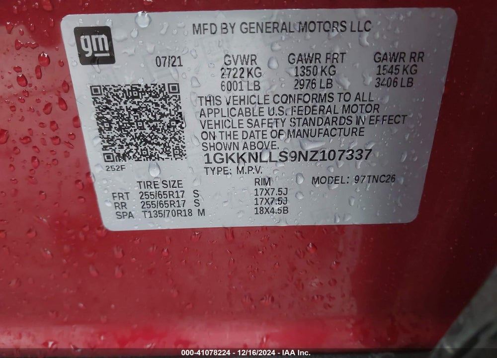 2022 GMC ACADIA AWD AT4 VIN: 1GKKNLLS9NZ107337