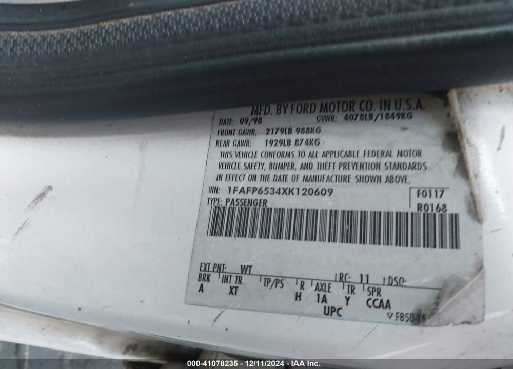 1999 FORD CONTOUR LX VIN: 1FAFP6534XK120609
