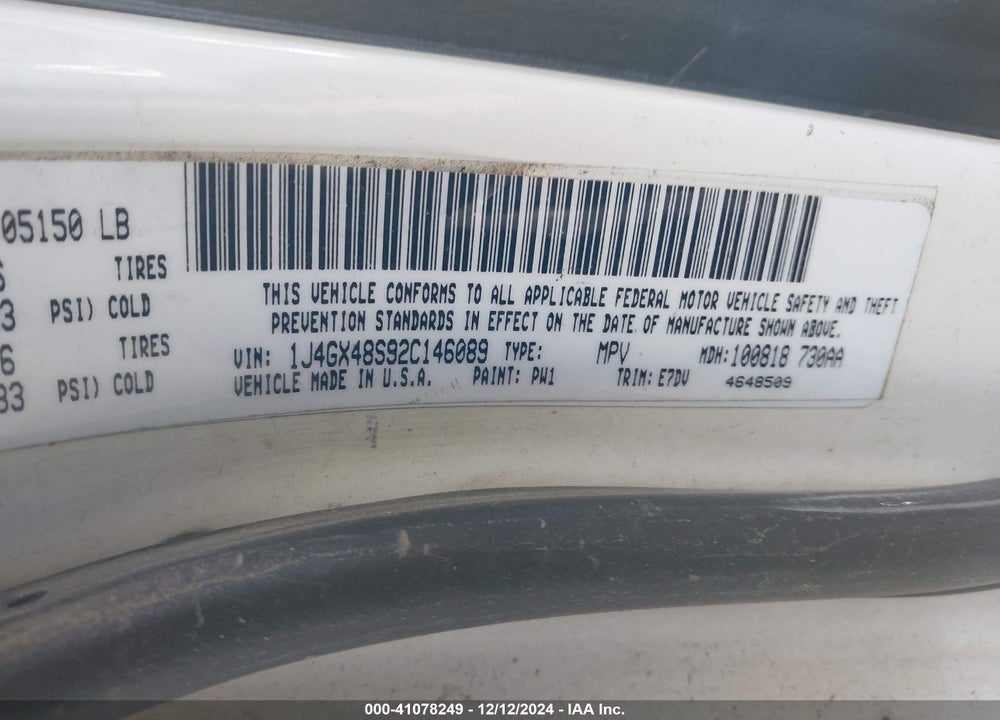 2002 JEEP GRAND CHEROKEE LAREDO VIN: 1J4GX48S92C146089