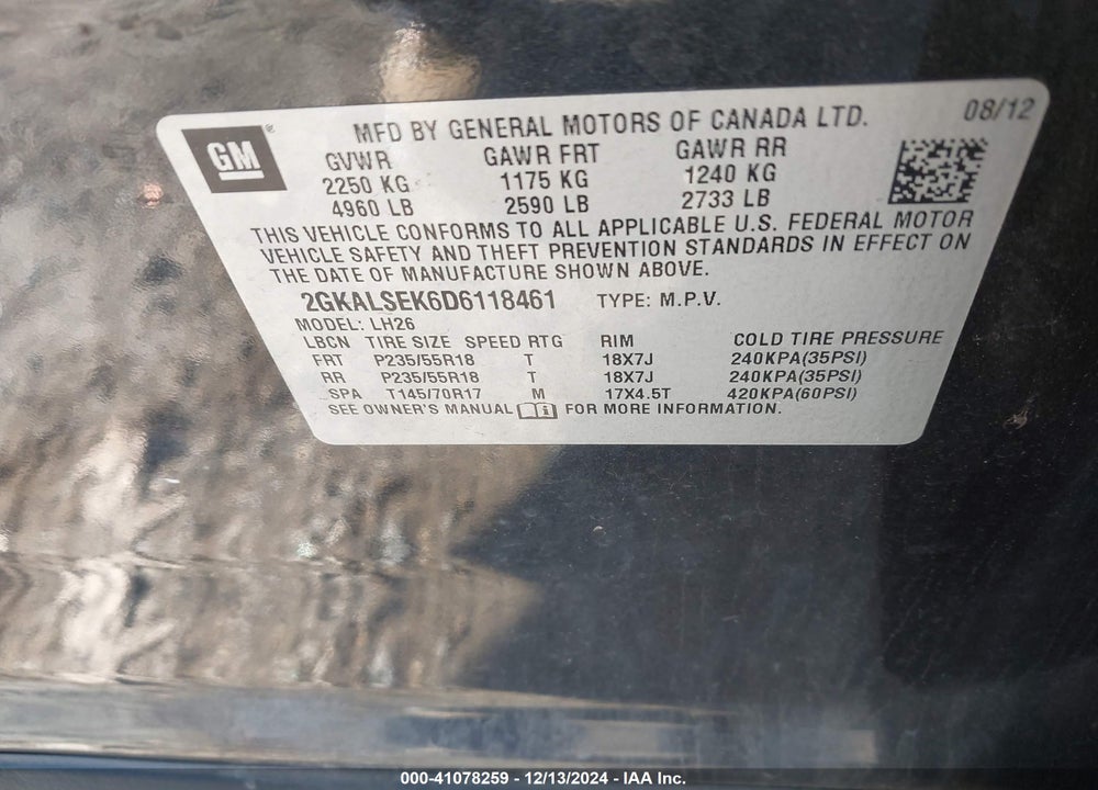 2013 GMC TERRAIN SLE-2 VIN: 2GKALSEK6D6118461