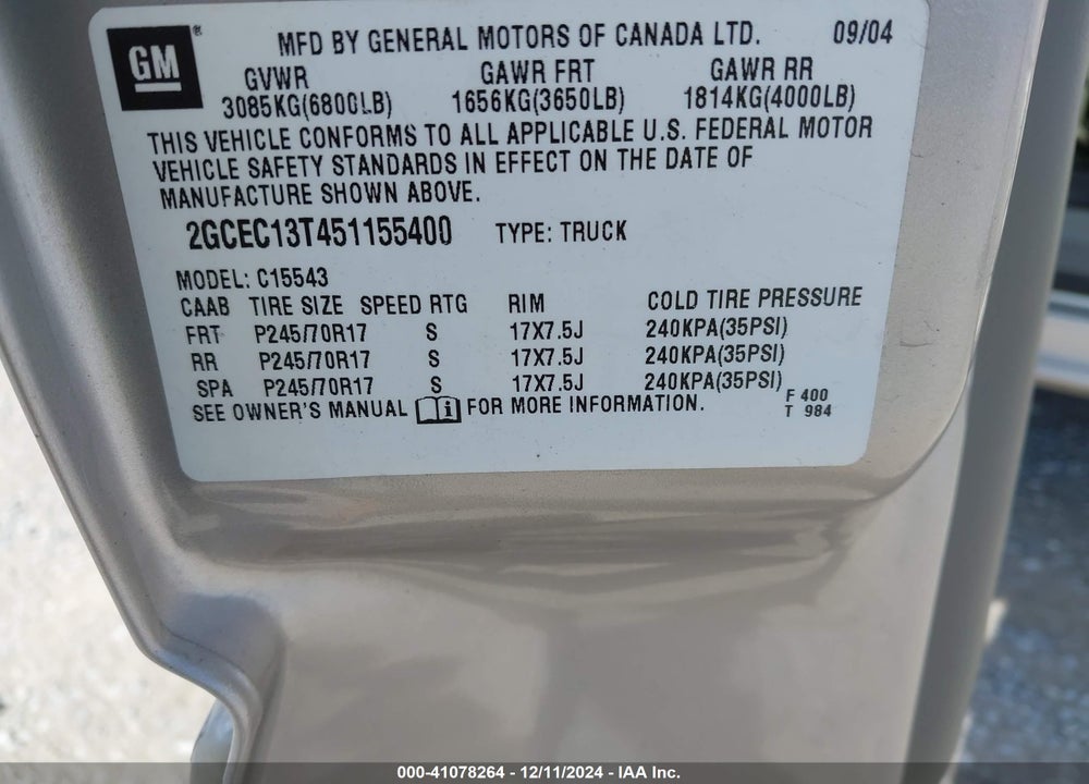 2005 CHEVROLET SILVERADO 1500 LT VIN: 2GCEC13T451155400