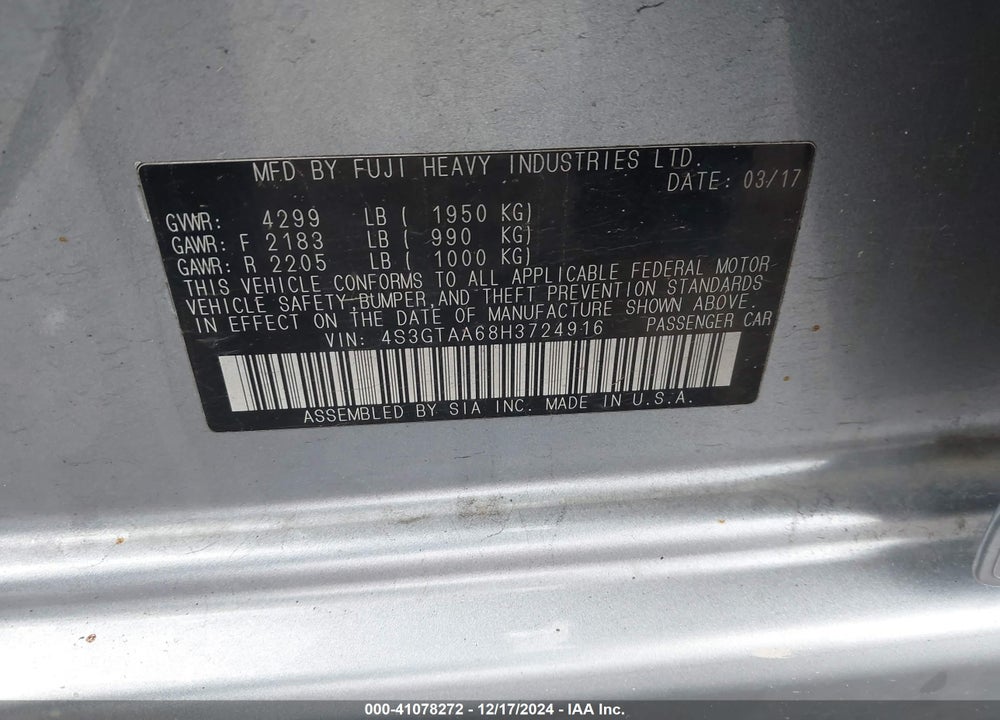 2017 SUBARU IMPREZA 2.0I VIN: 4S3GTAA68H3724916