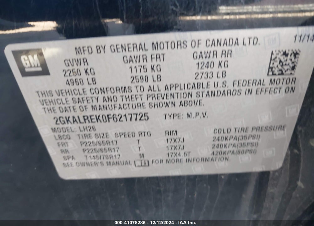 2015 GMC TERRAIN SLE-2 VIN: 2GKALREK0F6217725