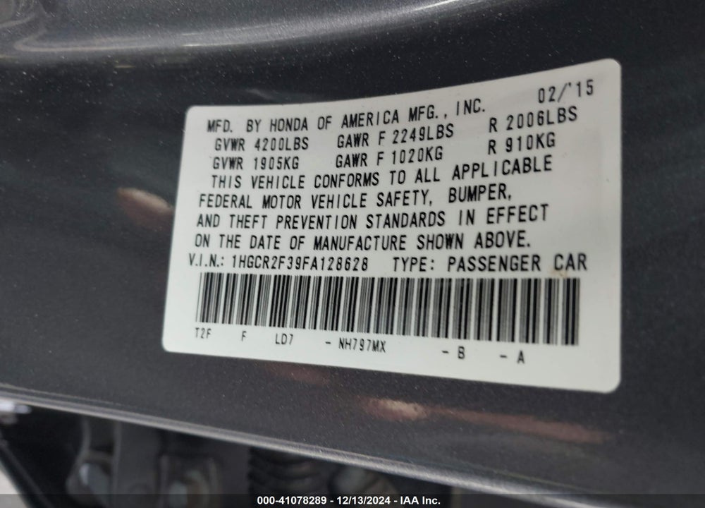 2015 HONDA ACCORD LX VIN: 1HGCR2F39FA128628