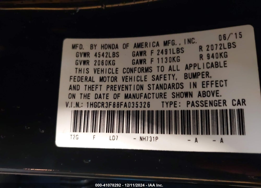 2015 HONDA ACCORD EX-L V-6 VIN: 1HGCR3F88FA035326