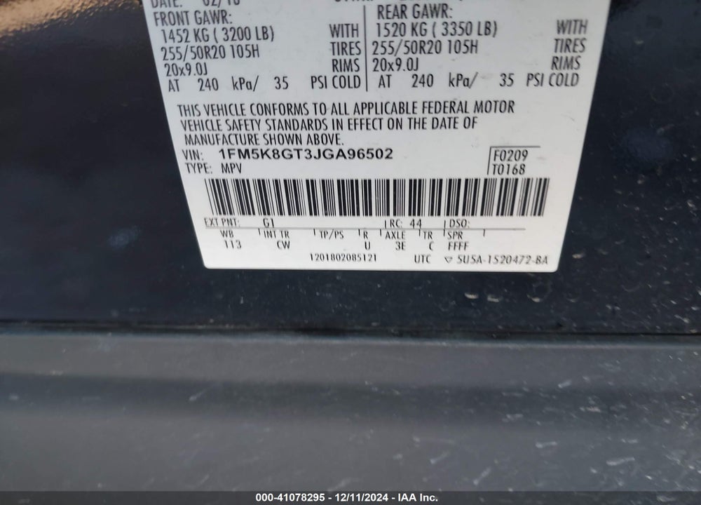 2018 FORD EXPLORER SPORT VIN: 1FM5K8GT3JGA96502