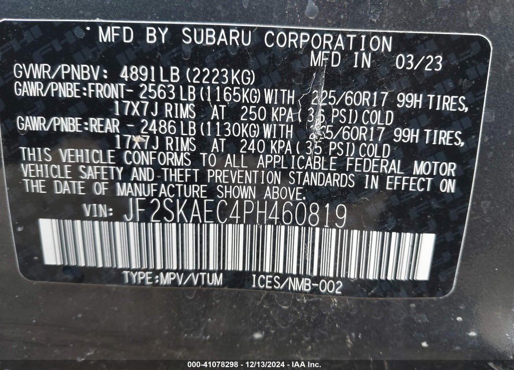 2023 SUBARU FORESTER PREMIUM VIN: JF2SKAEC4PH460819