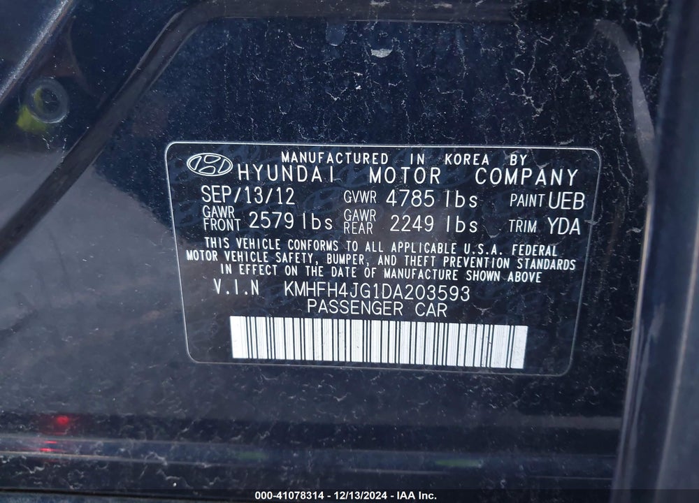 2013 HYUNDAI AZERA VIN: KMHFH4JG1DA203593