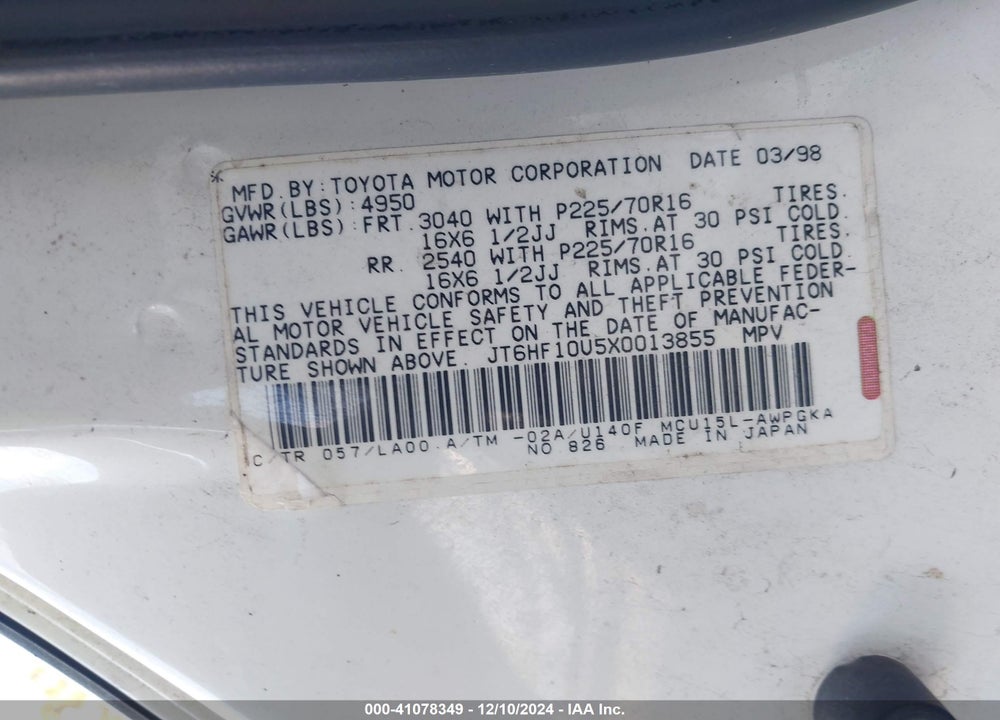 1999 LEXUS RX 300 VIN: JT6HF10U5X0013855