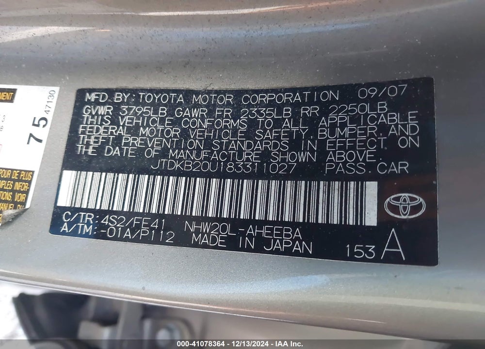2008 TOYOTA PRIUS VIN: JTDKB20U183311027