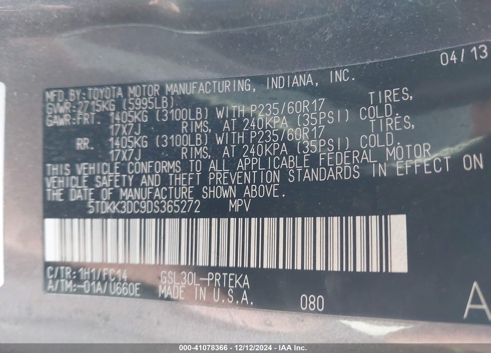 2013 TOYOTA SIENNA LE VIN: 5TDKK3DC9DS365272