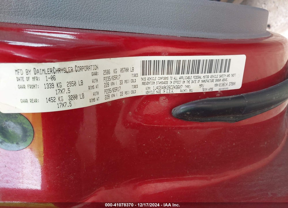 2006 JEEP GRAND CHEROKEE LAREDO VIN: 1J4GS48K26C243607
