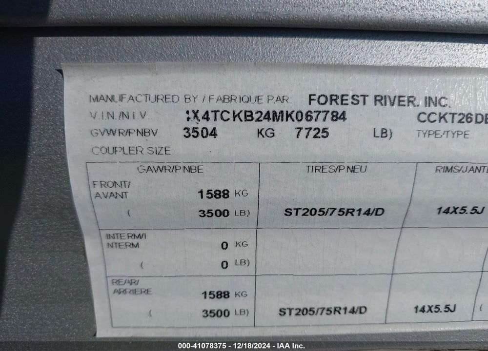 2021 FOREST RIVER OTHER VIN: 4X4TCKB24MK067784