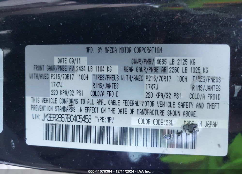 2011 MAZDA CX-7 I SPORT VIN: JM3ER2B57B0405458