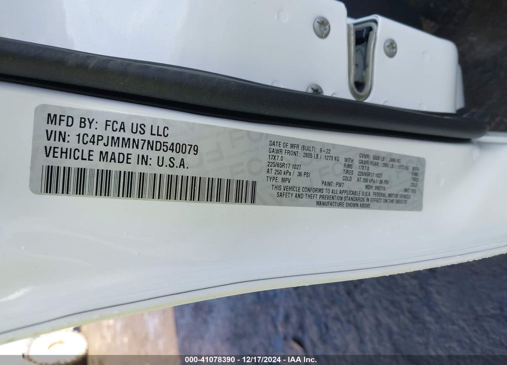 2022 JEEP CHEROKEE LATITUDE LUX 4X4 VIN: 1C4PJMMN7ND540079