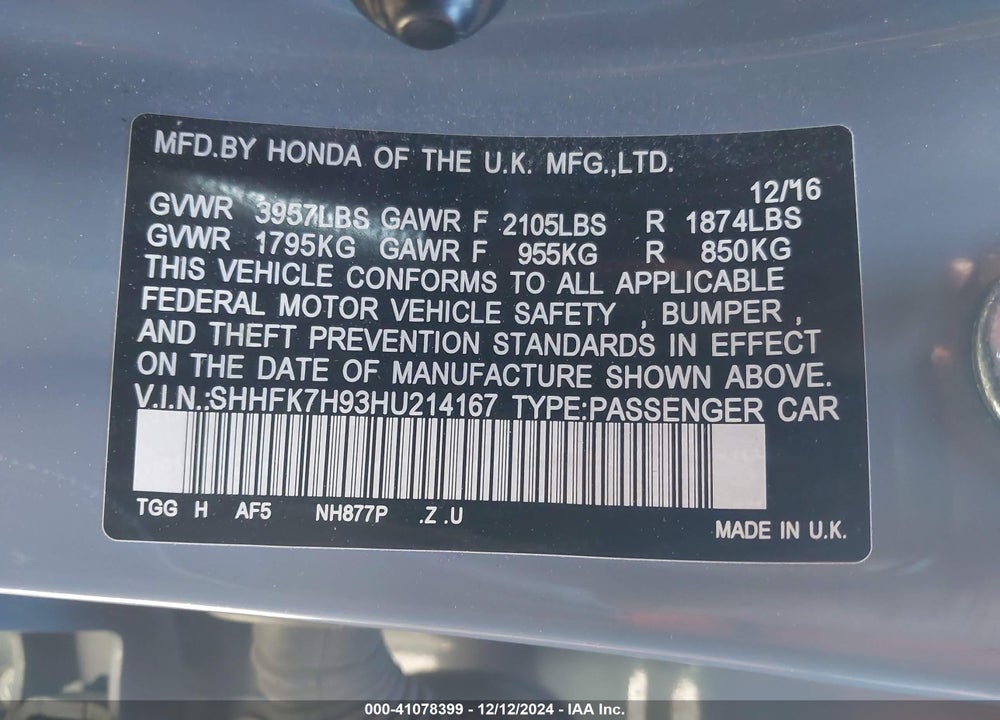 2017 HONDA CIVIC SPORT TOURING VIN: SHHFK7H93HU214167