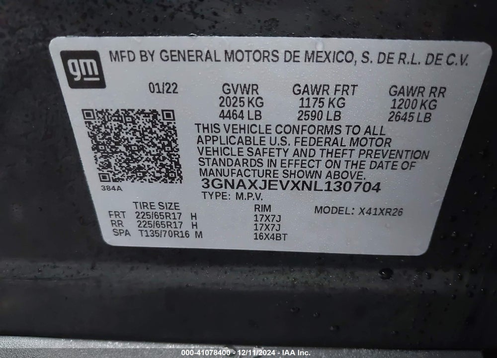 2022 CHEVROLET EQUINOX FWD 2FL VIN: 3GNAXJEVXNL130704