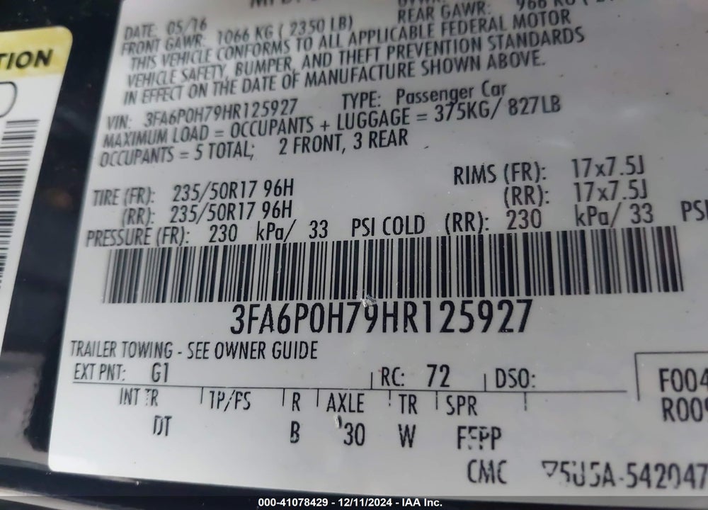 2017 FORD FUSION SE VIN: 3FA6P0H79HR125927