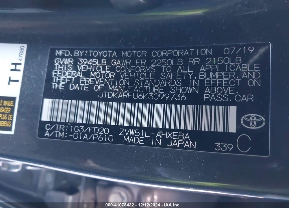 2019 TOYOTA PRIUS LE VIN: JTDKARFU6K3099736